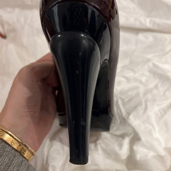 Chanel Burgundy Patent Leather With Navy Cap Toe Cut Out Heels - Picture 9 of 13